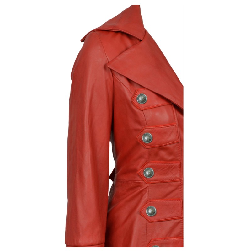 Women Gothic Real Nappa Leather Coat Red Gothic Long Coat Sissy Empress Fitted Jacket